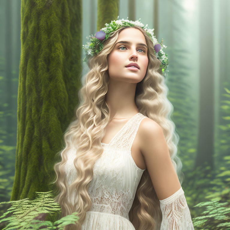 Woman in floral crown and lace dress in misty forest