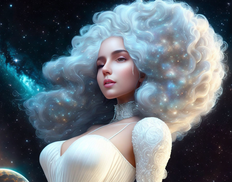 Digital artwork featuring woman with star-infused hair and celestial background