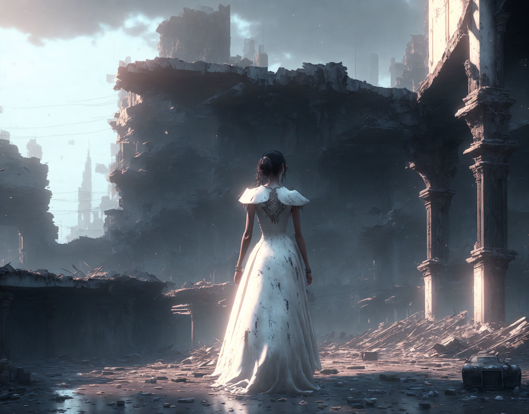 Woman in white dress observes ruins under hazy sky