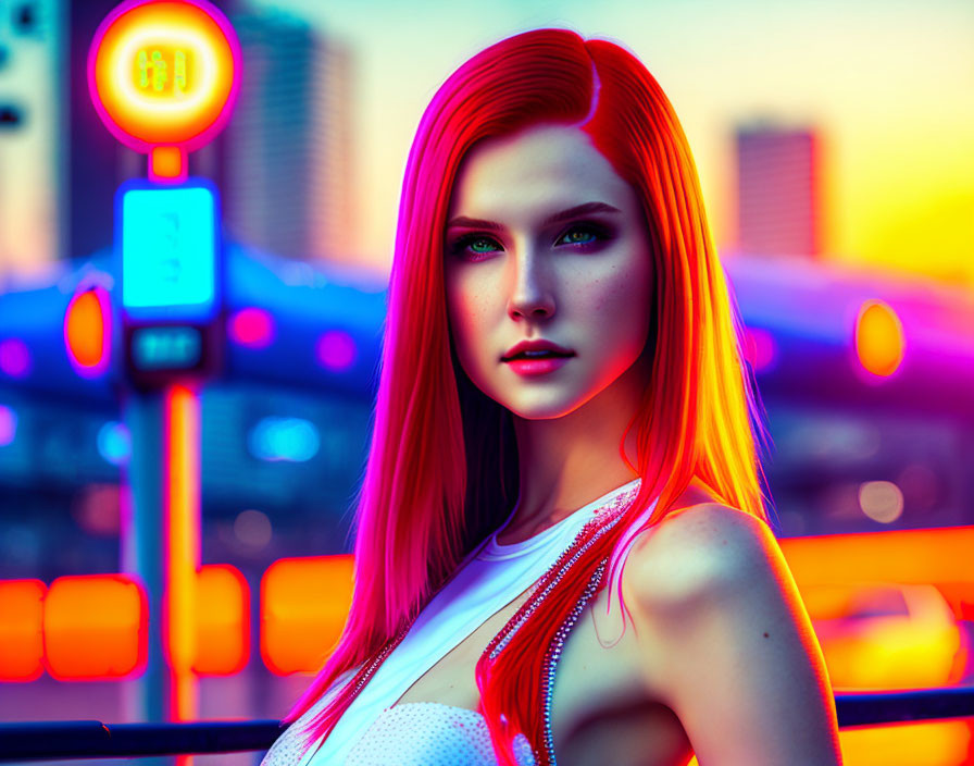 Vibrant red-haired woman in neon-lit cityscape at dusk