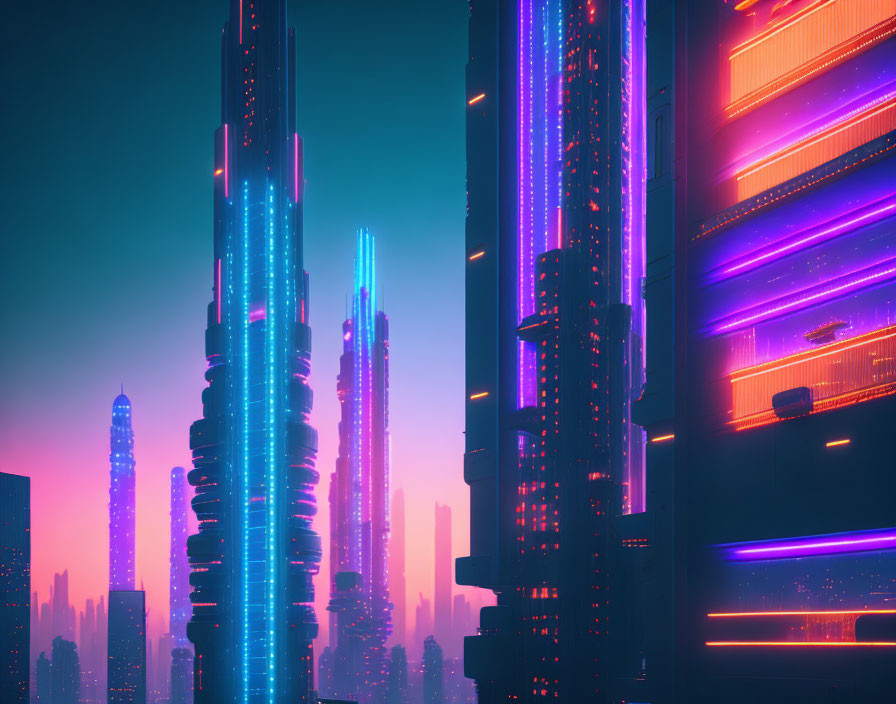 Futuristic neon-lit cityscape with tall skyscrapers at twilight