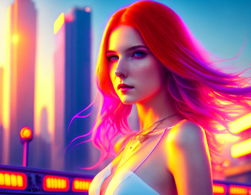 Digital artwork: Woman with red hair and blue eyes in neon-lit cityscape at dusk