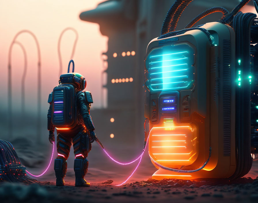 Futuristic astronaut with power unit in misty alien landscape