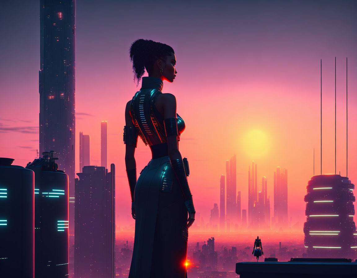 Silhouetted woman against futuristic cityscape at sunrise