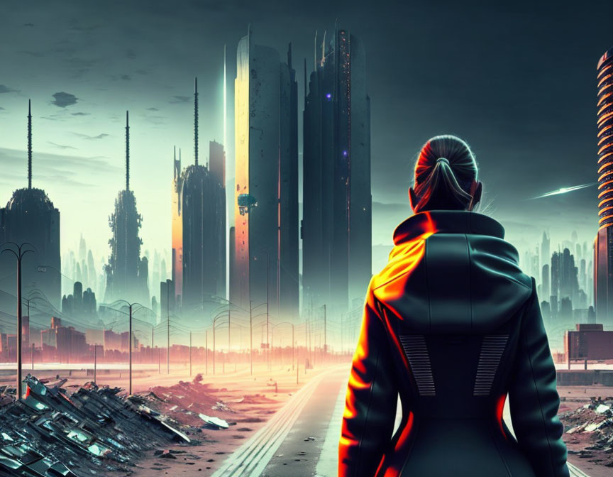 Futuristic person in jacket gazes at dystopian cityscape