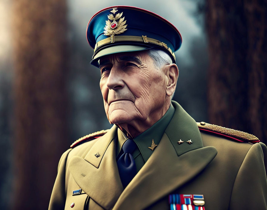 Elderly Military Officer in Uniform with Medals Outdoors