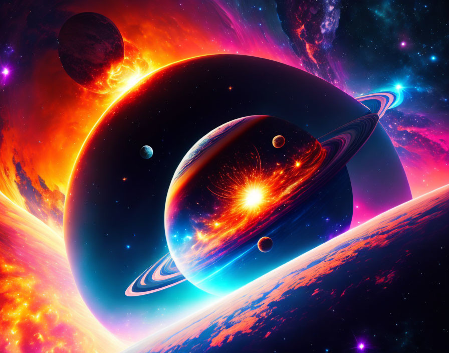 Colorful Space Scene with Nebulas, Planets, Rings, and Bright Star