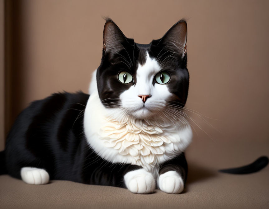 Black and white cat with green eyes in ruff collar on brown background