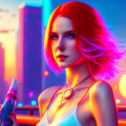 Digital artwork: Woman with red hair and blue eyes in neon-lit cityscape at dusk