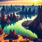 Futuristic alien landscape with towering spires and luminescent water bodies