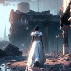 Woman in white dress observes ruins under hazy sky