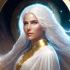 Serene woman with white hair and golden halo under ornate arches