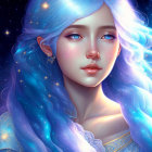 Digital Artwork: Female Figure with Blue Starry Hair in Cosmic Background