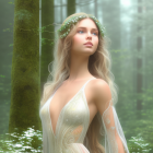 Woman in floral crown and lace dress in misty forest