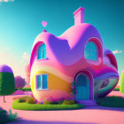 Colorful Heart-Shaped House with Topiaries and Floating Heart