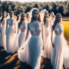 Group of identical women in white dresses and headpieces in sunlit field