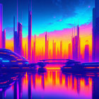 Neon-lit skyscrapers in futuristic cityscape at dusk