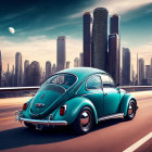 Vintage teal Volkswagen Beetle driving on city road at sunset with futuristic skyscrapers.