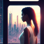 Braided hair woman looking at futuristic cityscape at sunset.