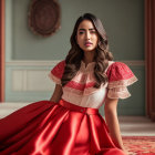 Elegant woman in red and white dress in ornate room