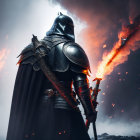 Armored knight with flaming sword in smoky scene