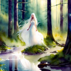 Ethereal figure with white hair in long dress by forest stream