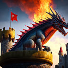 Dragon on stone tower breathing fire above medieval castles & clouds