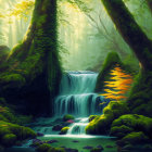 Moss-covered rocks and trees in misty forest with serene waterfall