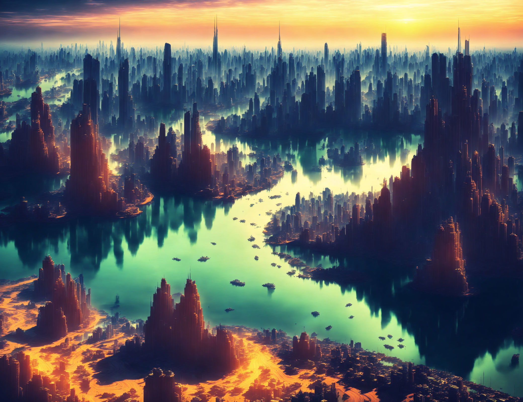 Futuristic alien landscape with towering spires and luminescent water bodies