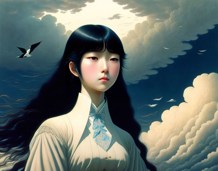 Surreal portrait of a girl with pale skin and dark hair against dramatic clouds