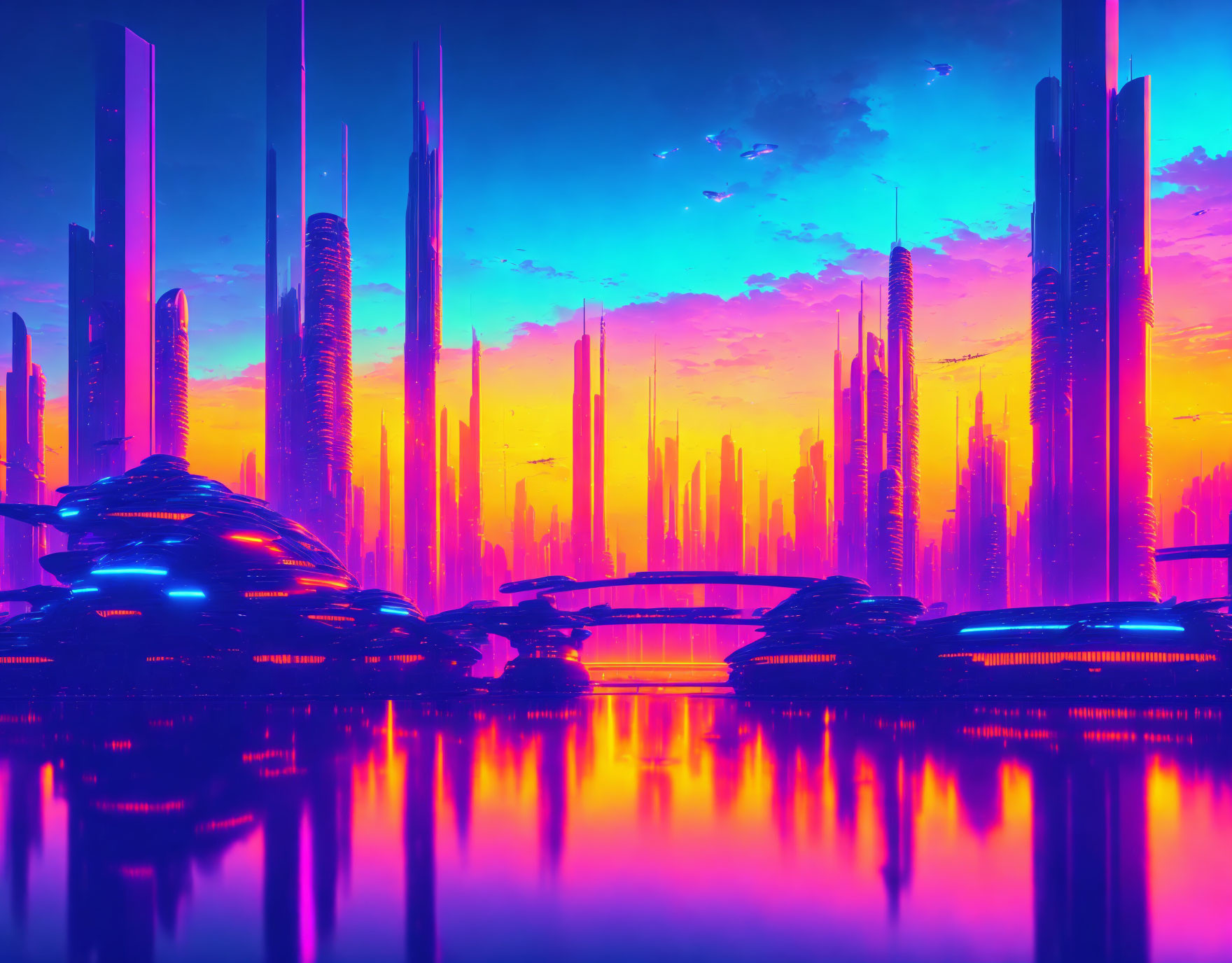 Neon-lit skyscrapers in futuristic cityscape at dusk