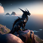 Majestic dragon on rocky cliff by misty sea at dusk