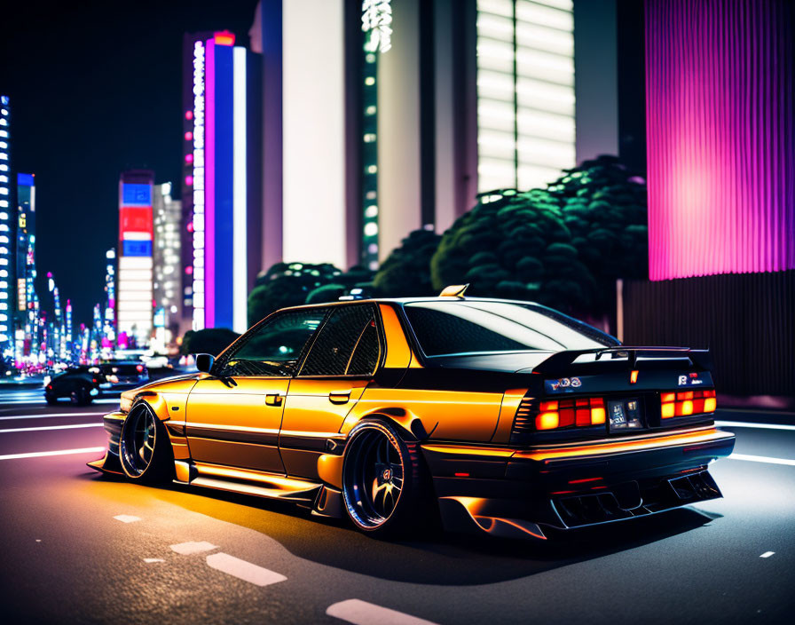 Black sports car parked on urban road at night under neon city lights