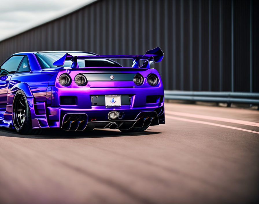 Metallic Purple Sports Car with Large Spoiler and Dual Exhaust parked near a building