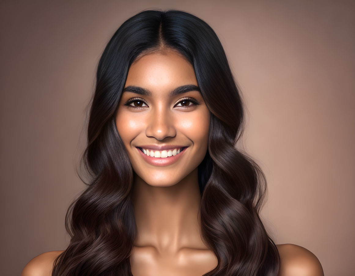 Smiling woman with long wavy hair and bright eyes portrait