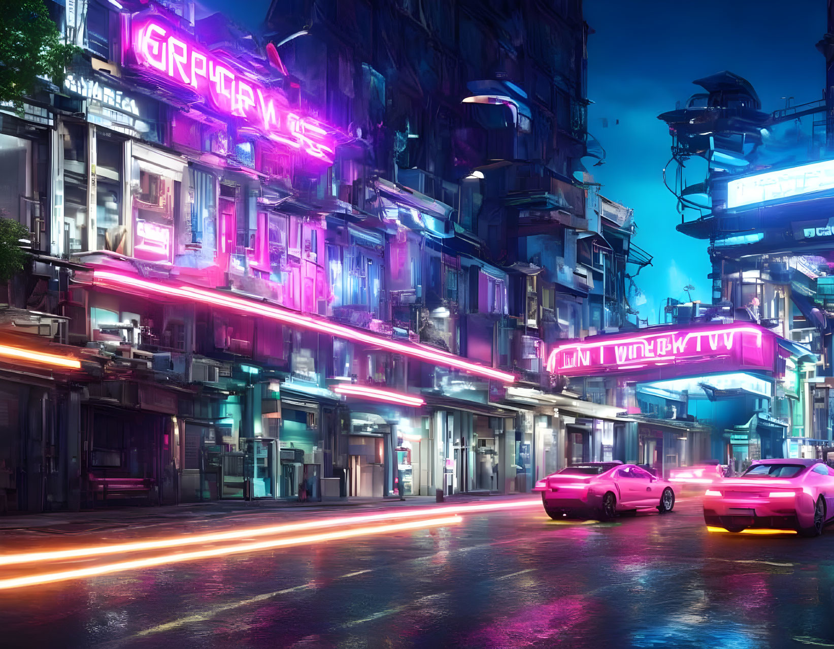 Futuristic cyberpunk cityscape with neon lights, sleek cars, and glowing signs