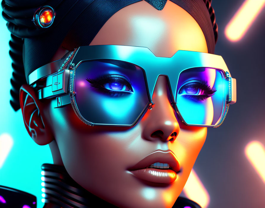 Futuristic woman with cybernetic enhancements under neon lights