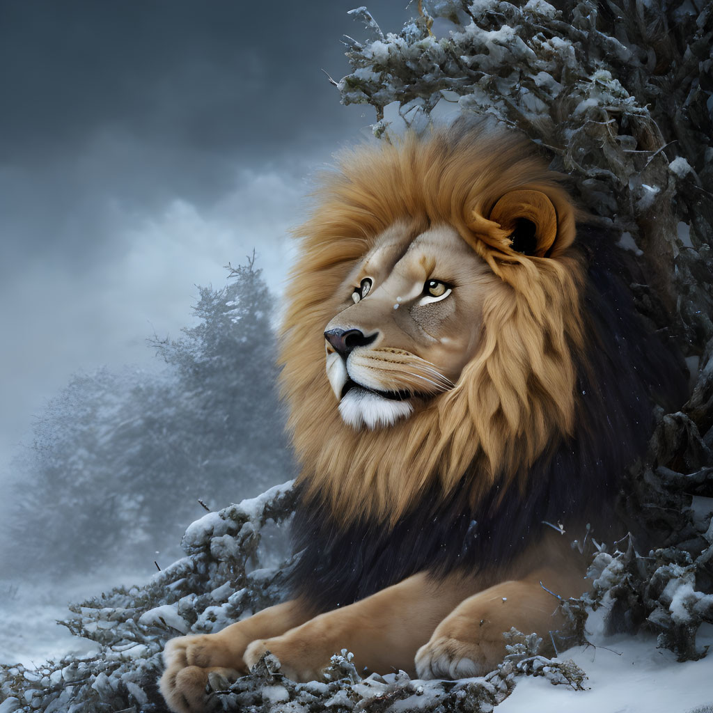 Majestic lion with full mane in snowy landscape beside frost-covered trees