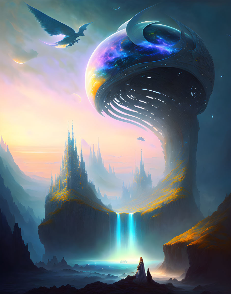 Fantastical landscape with towering spires, grand waterfall, celestial orb, figure, and flying bird