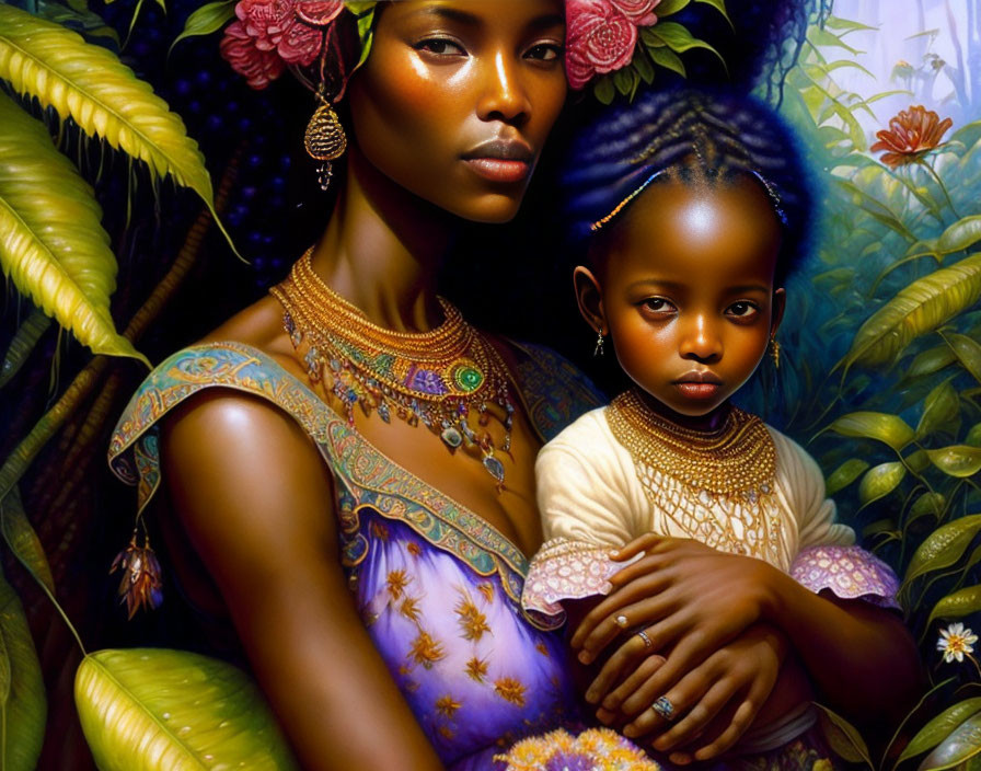 African mother and child digital painting with ornate jewelry in lush greenery