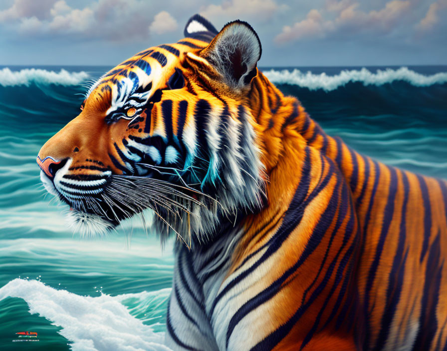 Colorful Tiger in Ocean Waves with Cloudy Sky