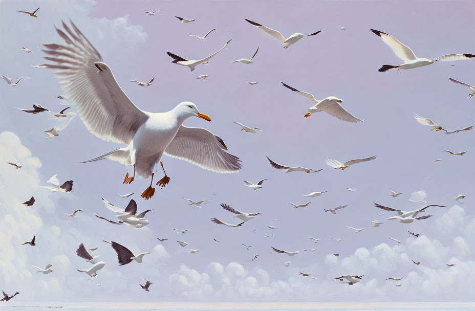 Seagulls Flying in Formation Under Cloudy Sky