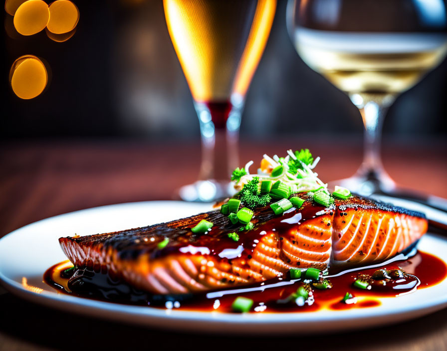 Fresh Grilled Salmon Fillet with Herbs and Sauce on White Plate