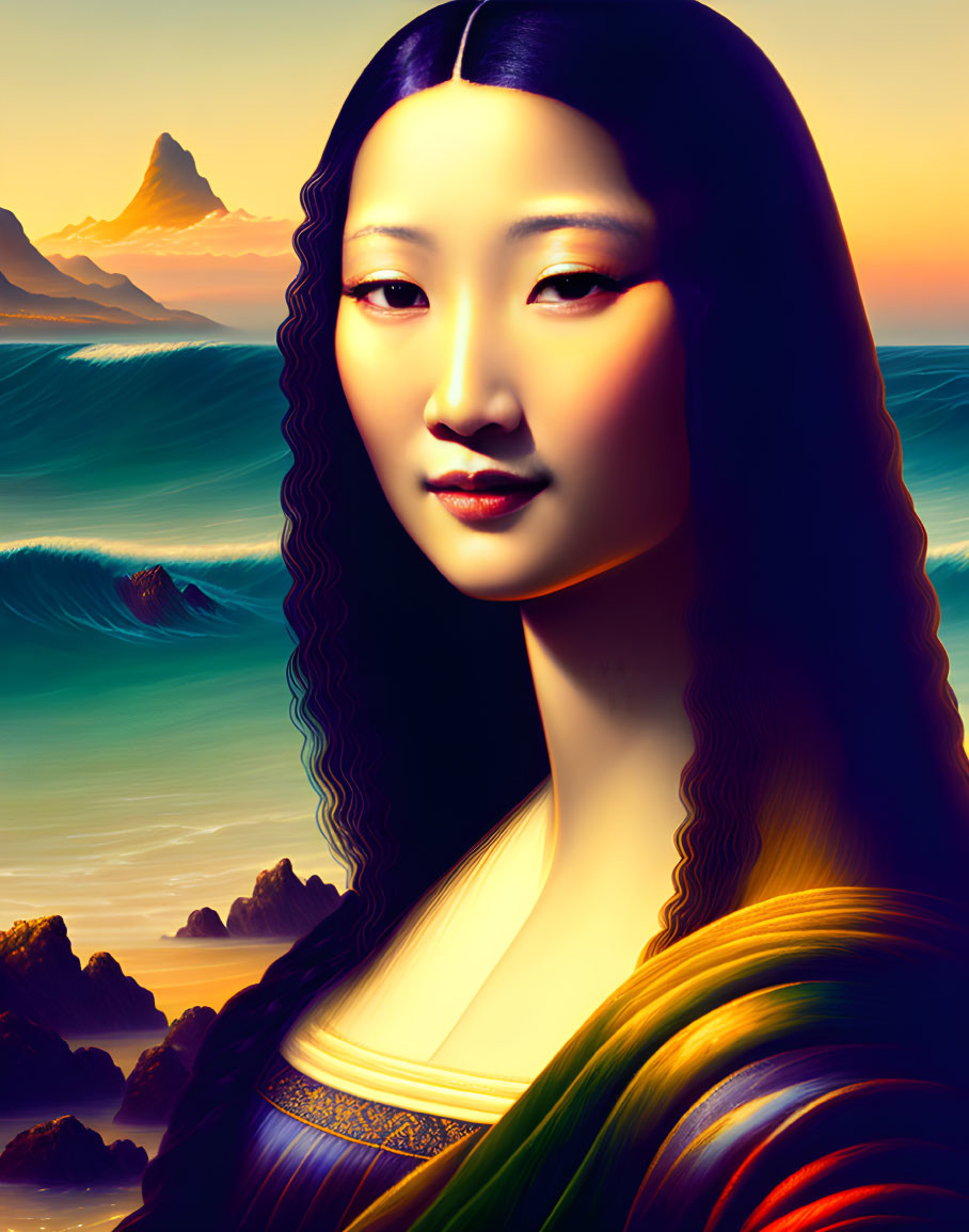 Digital Artwork: Asian Woman Against Sunset Sea Background