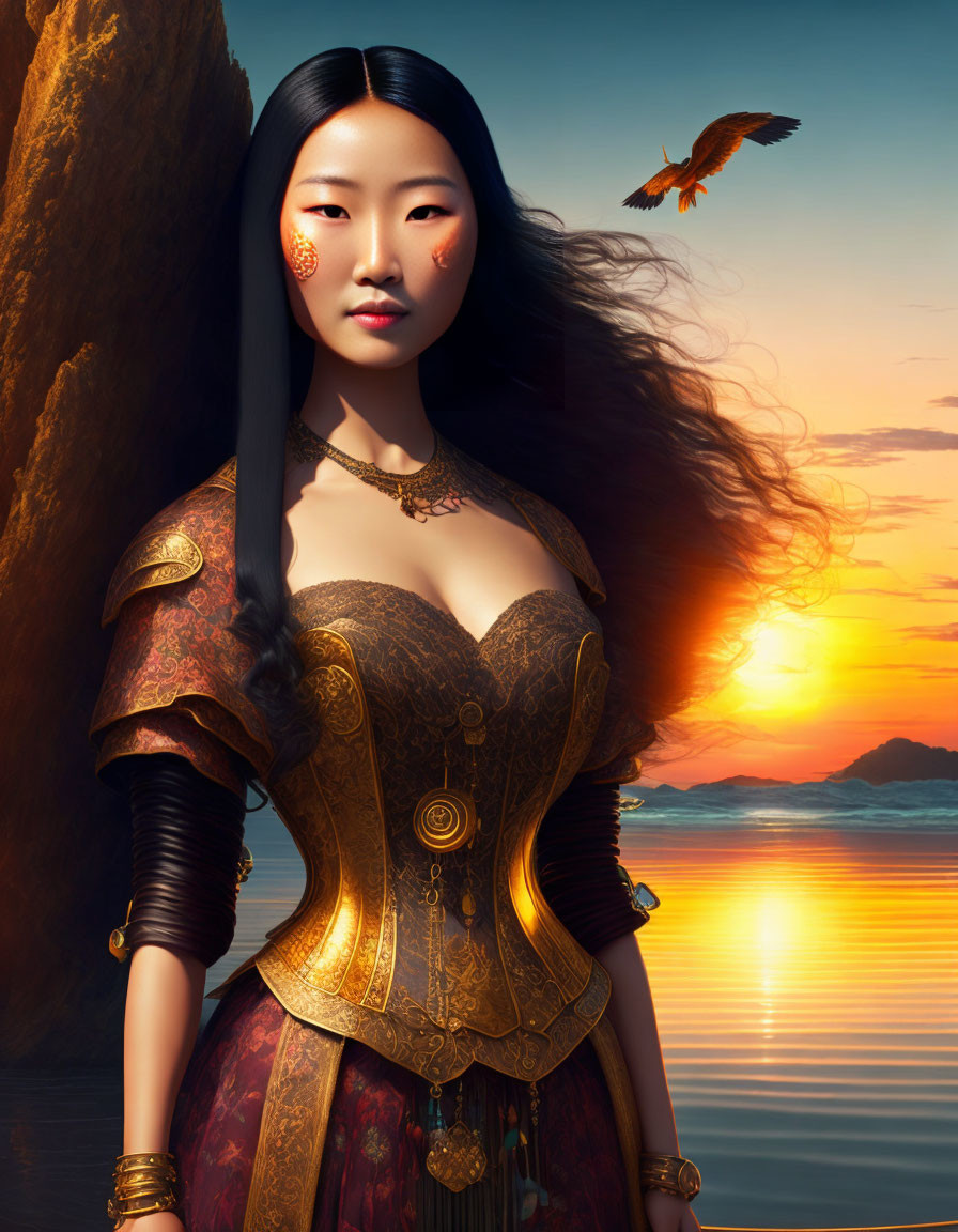 Digital artwork: Woman in ornate armor by sunset sea with bird