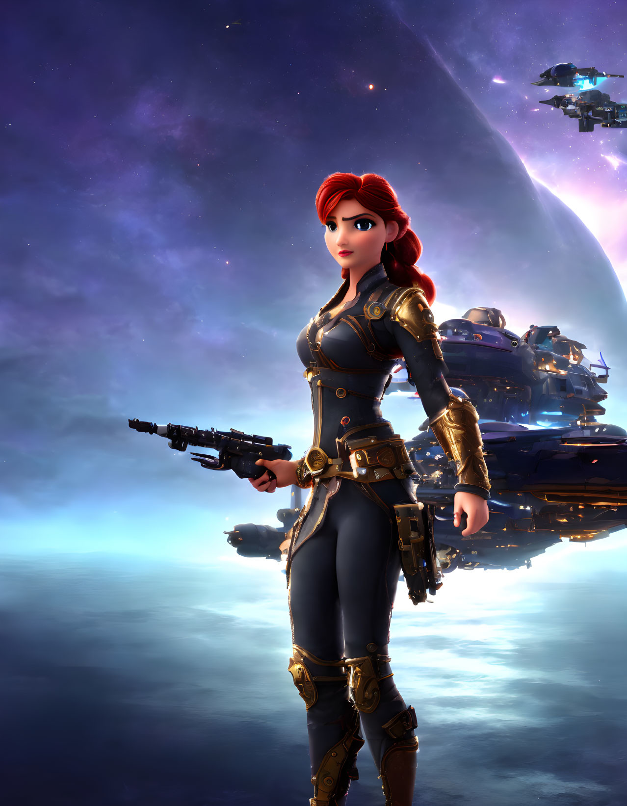 Red-Haired Female Character in Futuristic Uniform with Blaster and Spaceships