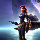 Red-Haired Female Character in Futuristic Uniform with Blaster and Spaceships