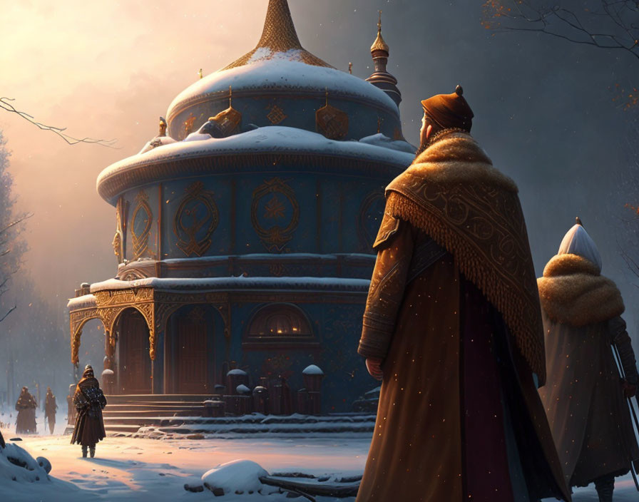 Person in fur-trimmed cloak gazes at majestic snow-covered blue and gold domed building in