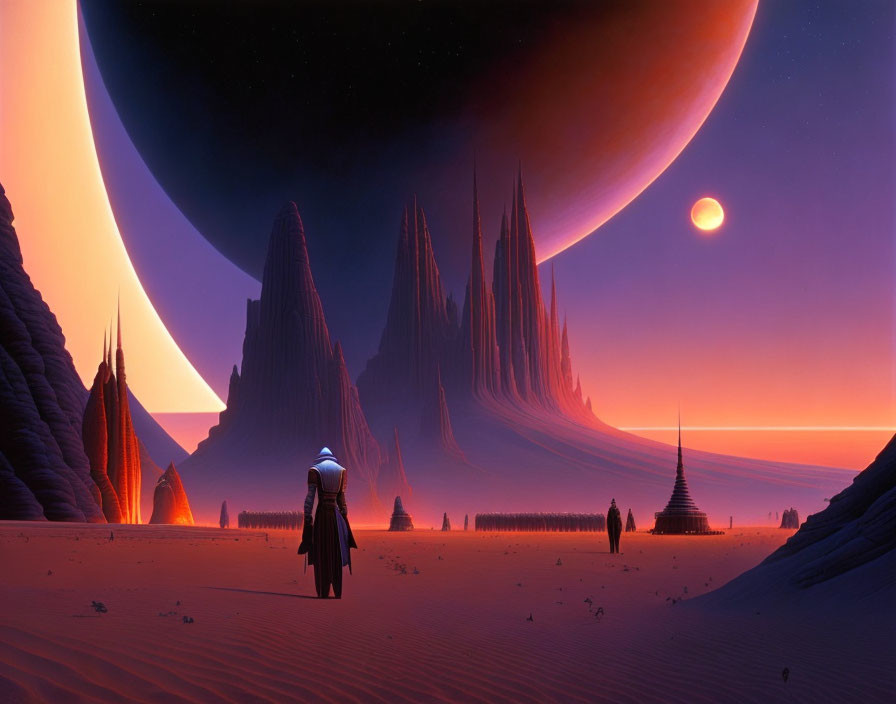 Astronaut on sandy alien planet with spires and large planet in sky