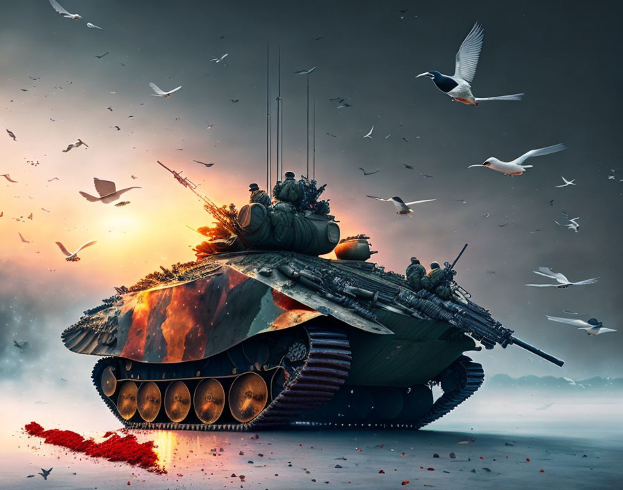 Tank advancing on surreal battlefield with flying birds and scattering petals under dusky sky